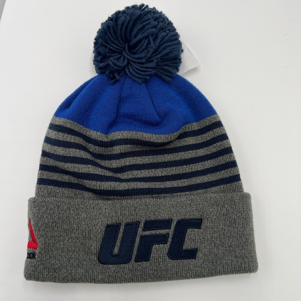 Reebok UFC‎ Beanie Pom Pom Knit Hat Blue Gray Stripes Logo